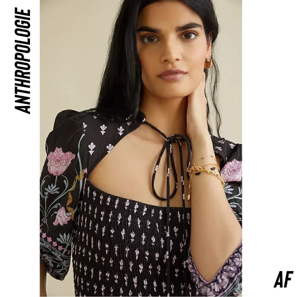 ANTHROPOLOGIE DASHA SMOCKED MIDI DRESS NWT MEDIUM BLACK COMBO